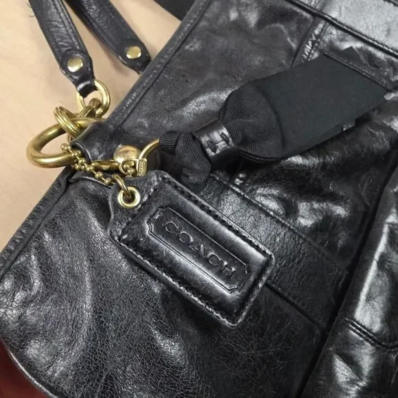 Coach Poppy Camellia Pushlock Leather Tote Glossy Black Leather #1 - Picture 2 of 14